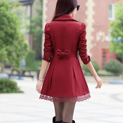 Lace Decoration Double Breasted Trench Coat - Wine..