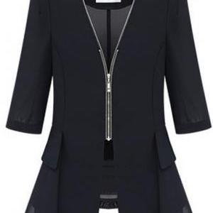 Fashion V Neck Half Sleeve Coat For Woman - Black