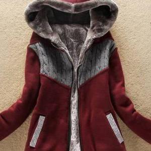 Fashion Hooded Collar Woman Coat With Zip - Wine..