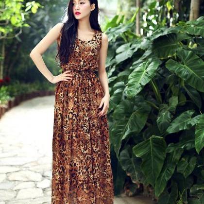 Romantic Round Neck Leopard Long Dress