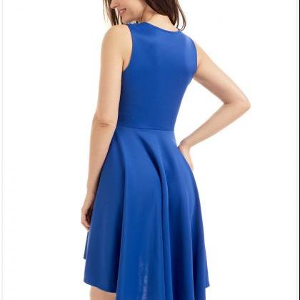 Fashion Round Neck Sleeveless Skater Dress - Blue