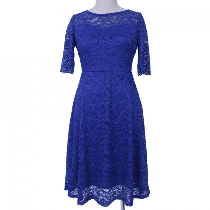 Fashion Round Neck Half Sleeve Lace Dress - Blue