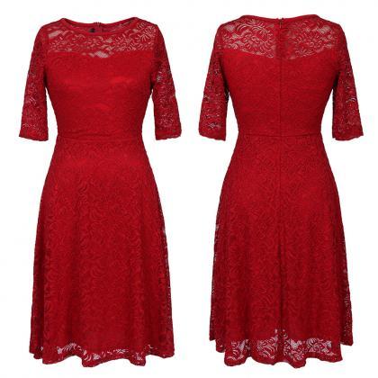 Fashion Round Neck Half Sleeve Lace Dress - Red