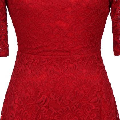 Fashion Round Neck Half Sleeve Lace Dress - Red