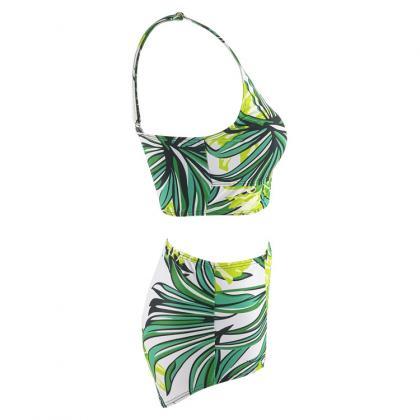 Elegant Print U Neck Green High Waist Bikini..