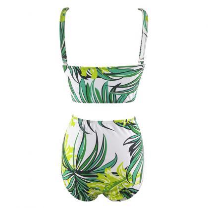 Elegant Print U Neck Green High Waist Bikini..