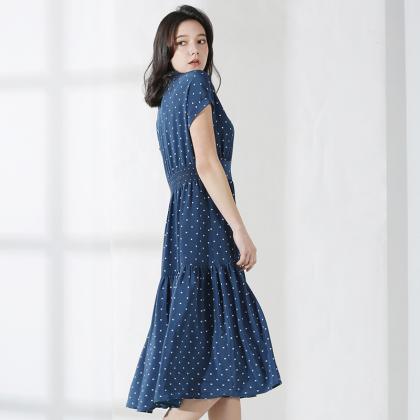 Luxury Short Sleeve Navy Blue Dot Long Dress