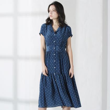 Luxury Short Sleeve Navy Blue Dot Long Dress