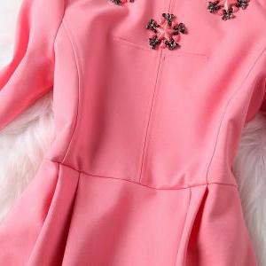 Luxury Nail Bead Long Sleeve Dress - Pink