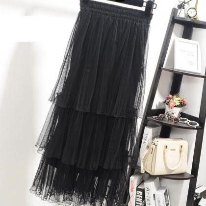 High Waisted Tiered Ruffle Tulle Skirt - Black,..