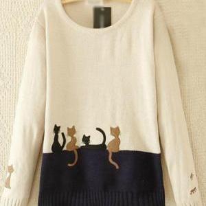 Lovely Cat Print Round Neck Long Sleeve Sweater -..