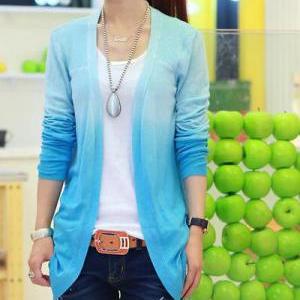 Blue Ombre Knitted Open Front Long Cardigan
