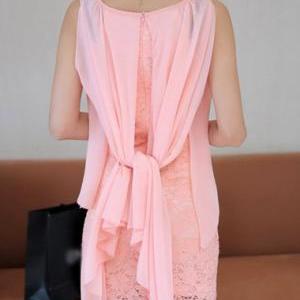 Fashion Round Neck Lace Patchwork Chiffon Dress -..