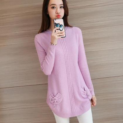 Sweet Round Neck Pocket Casual Sweater