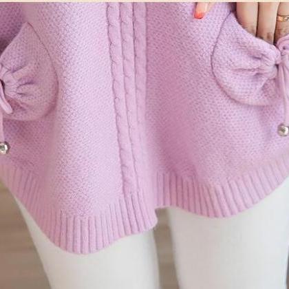 Sweet Round Neck Pocket Casual Sweater