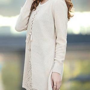 Cute Long Sleeve Round Neck Woman Sweater - Beige