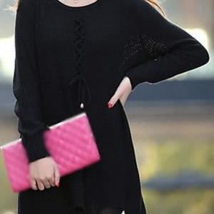 Cute Long Sleeve Round Neck Woman Sweater - Black