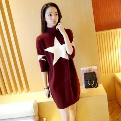 Cute Star Loose Pullover Sweater Dress - Wine Red