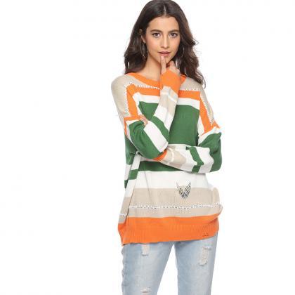Hollow Loose Long Sleeve Round Neck Striped..