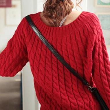 Vintage Long Sleeve Cable Knitting Pullover - Red