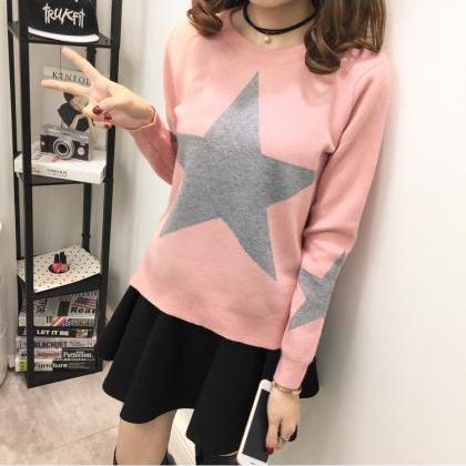 Sweet Long Sleeve Star Pattern Sweater