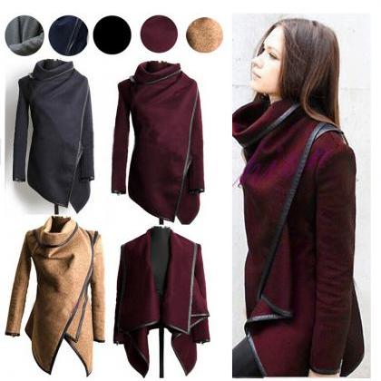 Exclusive Pu Paned Asymmetric Coat For Woman(5..