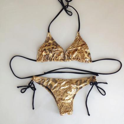 Sexy Golden Leopard Bikini Swimwer Women Swimsuit..