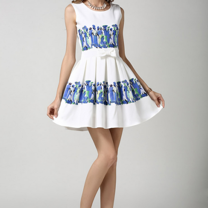 Designer Floral Sleeveless Dress - Blue