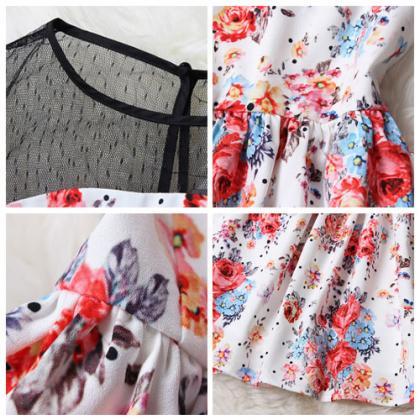 Floral Splicing Sleeveless Mesh Top Flared Skater..