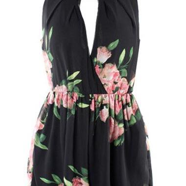 Black Floral Print Sleeveless Romper With Crew..
