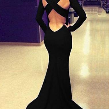 Charming Open Back Long Sleeve Maxi Dress - Black