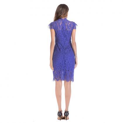 Vintage Solid Lace Sleeveless Tight Dress - Blue