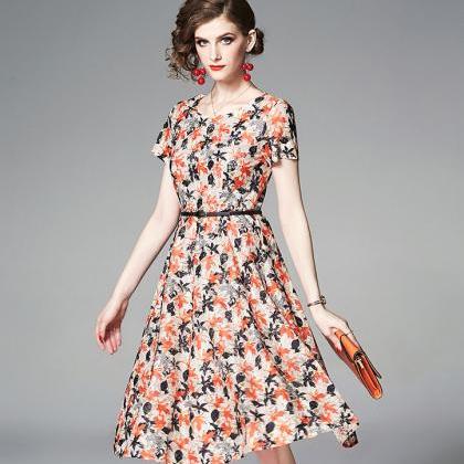 Short Sleeve Printed Round Neck A Line Dress With..