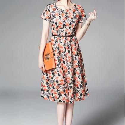 Short Sleeve Printed Round Neck A Line Dress With..