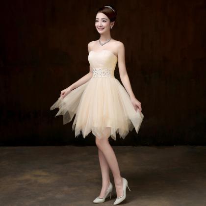 Beautiful Strapless Beige Color Beading Prom Dress