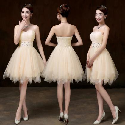 Beautiful Strapless Beige Color Beading Prom Dress