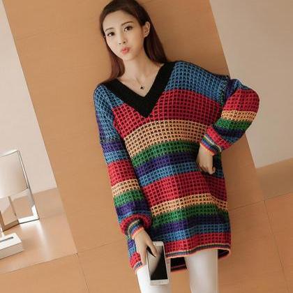 Loose V collar stripe knitted sweat..