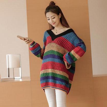 Loose V collar stripe knitted sweat..