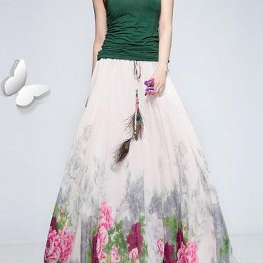 Bohemian Floral Maxi White Chiffon Skirt