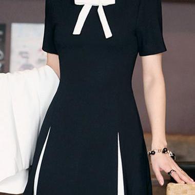 Fashion Bow Neckline Contrast Black A Line Dress -..