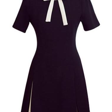 Fashion Bow Neckline Contrast Black A Line Dress -..