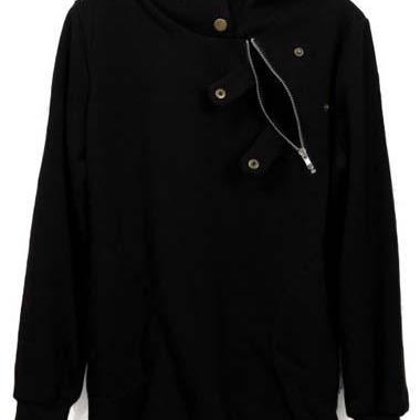 Hooded Collar Long Sleeve Woman Sweats - Black