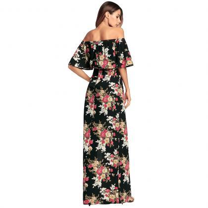 Elegant Flower Print Short Sleeve Maxi Dress