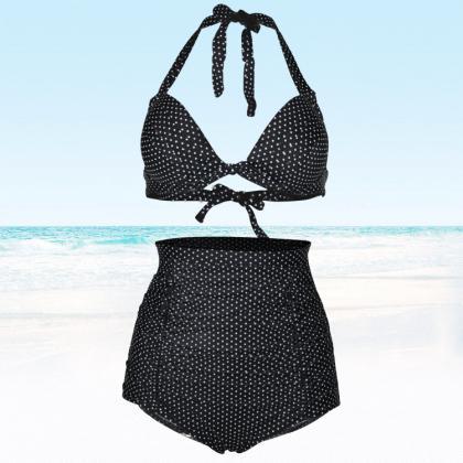 Sexy Dot Print Halter Swimsuit Swimwear Bikini..