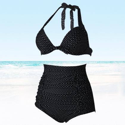 Sexy Dot Print Halter Swimsuit Swimwear Bikini..