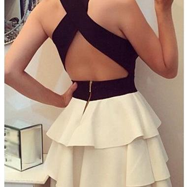 Fashion Color Block Criss Cross Back Tiered Dress