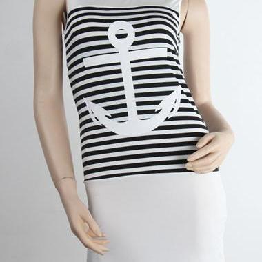 Casual Cowl Back Anchor And Stripe Printed Tank..