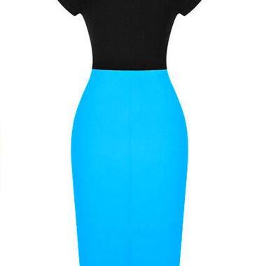 Ol Style Side Slit Blue And Black Pencil Dress