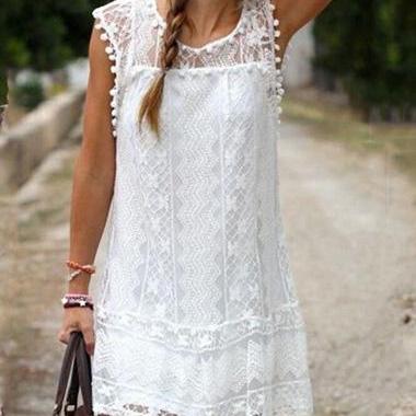 White Round Neck Lace Shift Dress With Pom Pom..