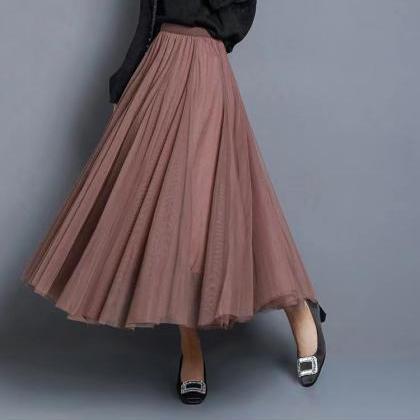 Autumn High Waist Khaki Color Gauze Skirt